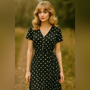 Vintage Talbots Retro Mod Inspired MIDI dress Black White Polka Dot Belt size 4 